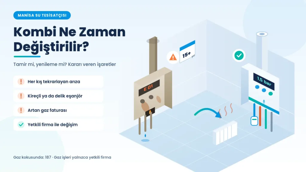 Kombi ne zaman değiştirilir sorusunu anlatan, paslı eski kombi ile yeni yoğuşmalı kombiyi karşılaştıran izometrik illüstrasyon